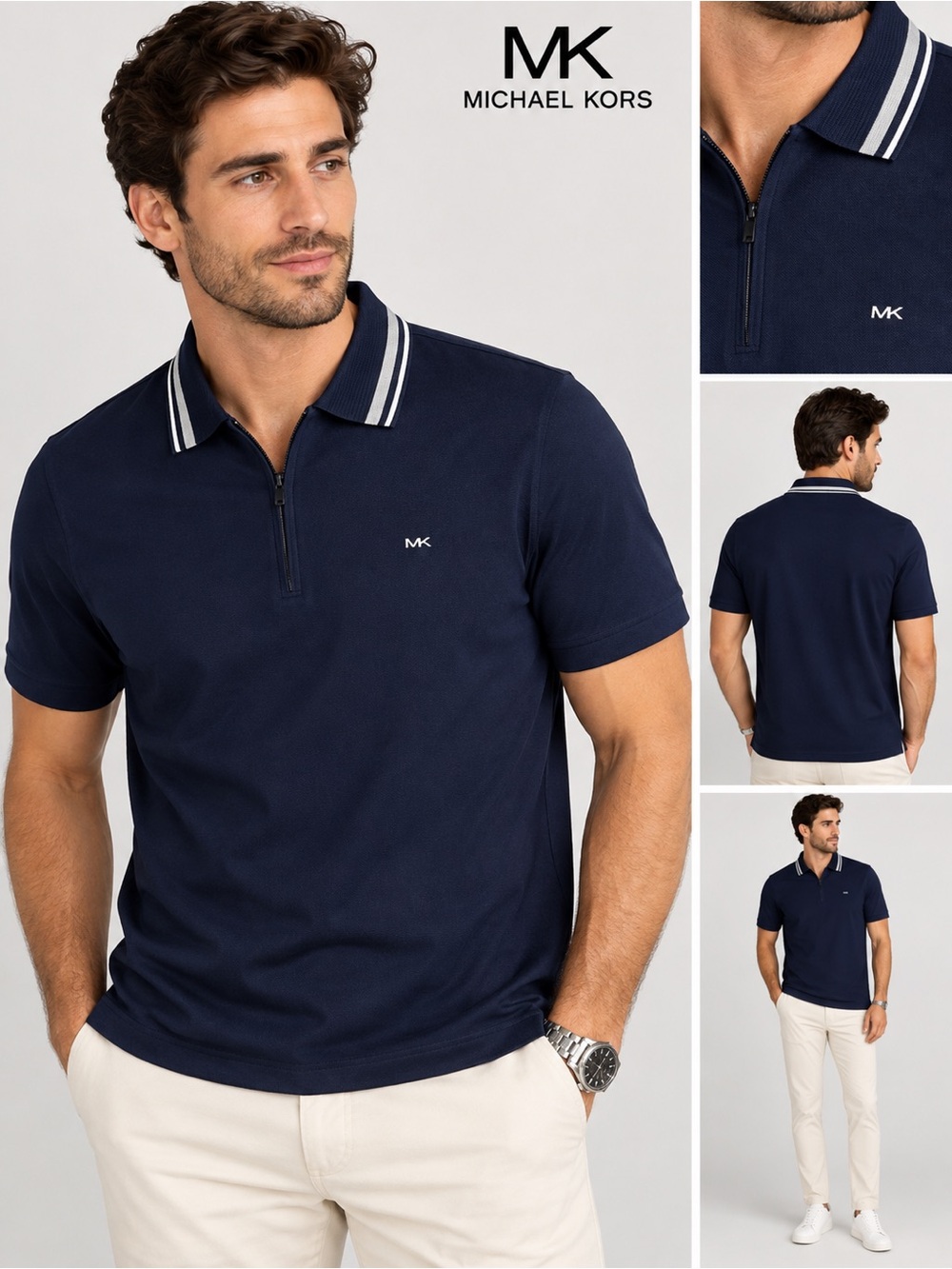 Michael Kors Navy Short-Sleeve Zip Polo with Contrast Stripe Collar